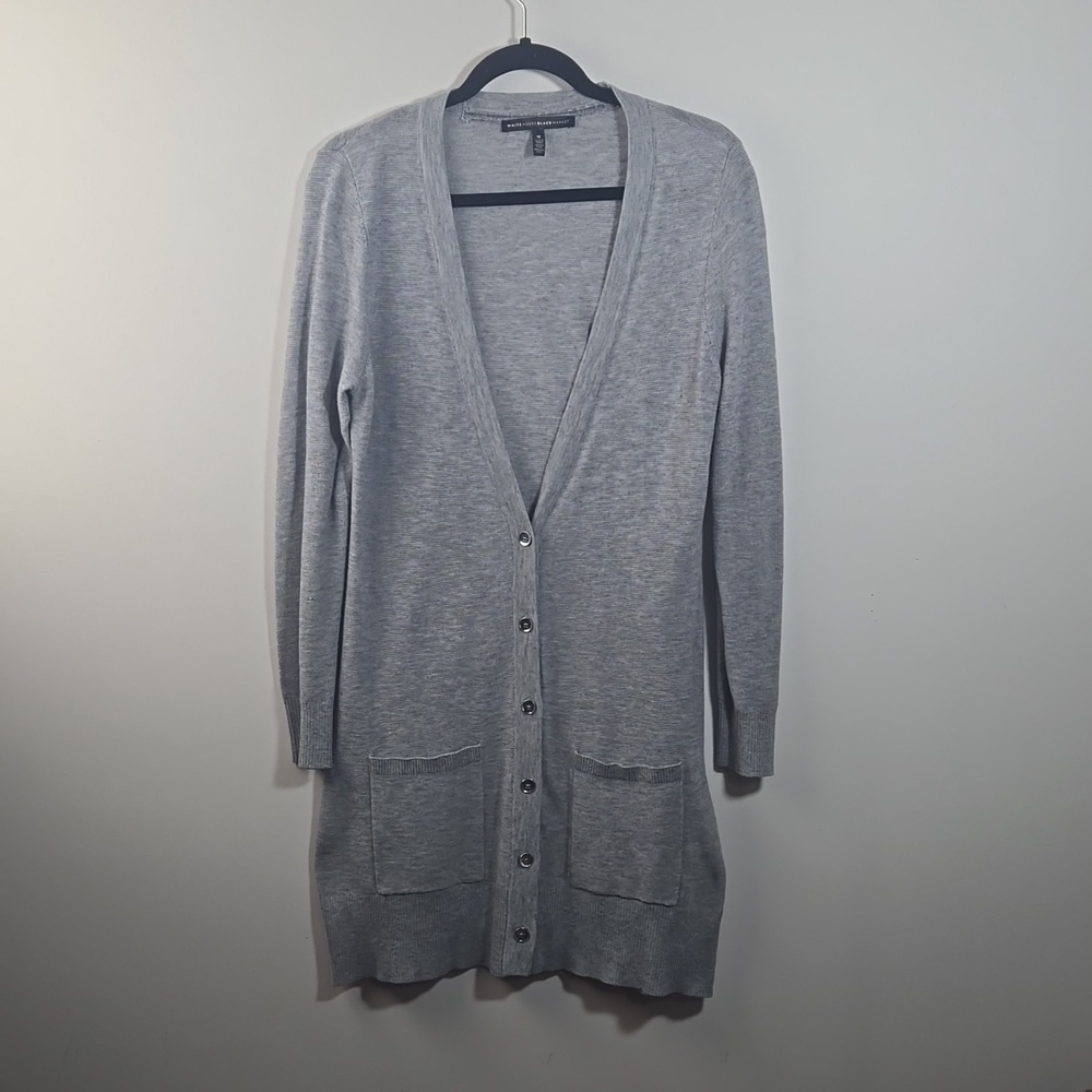 White House Black Market Gray Long Button Up Sweater